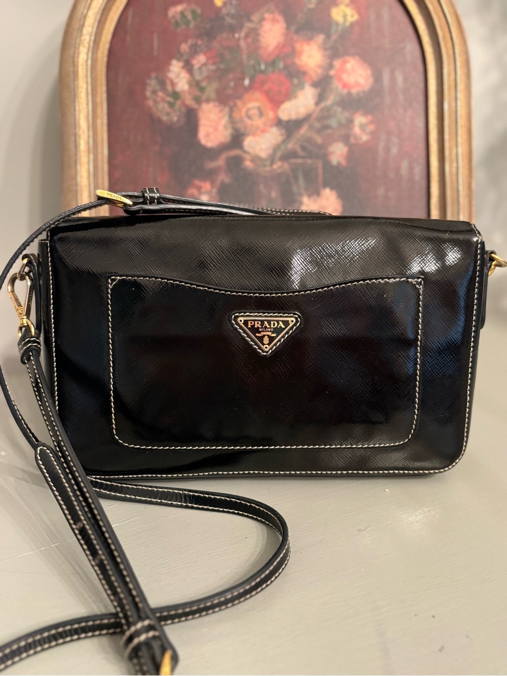 Prada Saffiano Vernice Leather Turn-Lock Crossbody Bag with COA